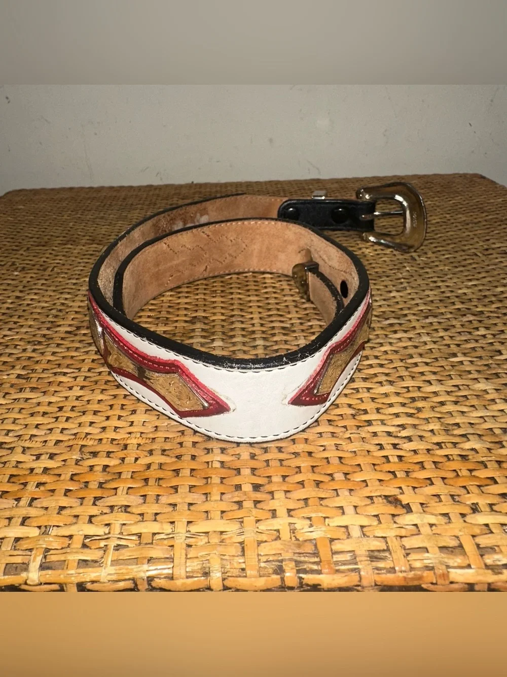 Vintage Nocona Western Leather Belt Red Black Metal Inlay Cowgirl Rodeo Small